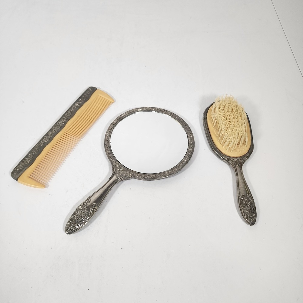 Vintage Silverplate Vanity Set Mirror Brush Comb Floral Dresser‎ Set 3 Pc